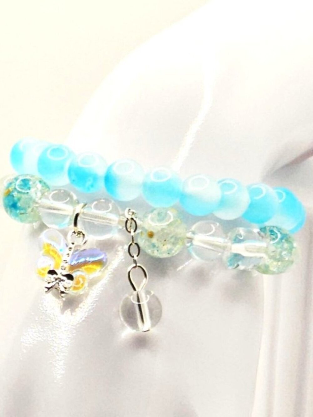 Blue Butterfly Bracelet Stack, Aqua Beaded Bracelet Set, Cute Stretch Bracelets,